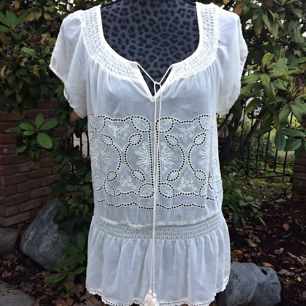 Flying Tomato Cream Sheer Lace Boho Top  - Size Small